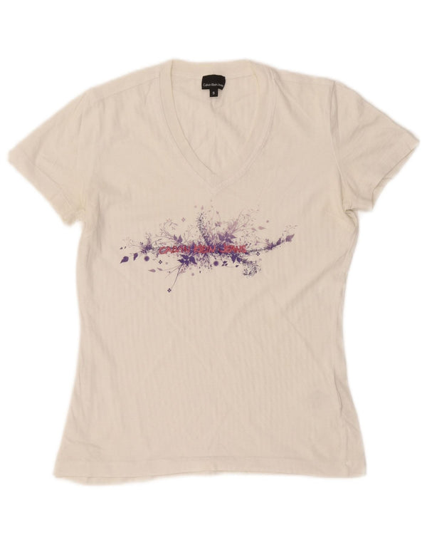 Calvin Klein Jeans Damen Grafik-T-Shirt Top UK 10 Small Weiße Baumwolle