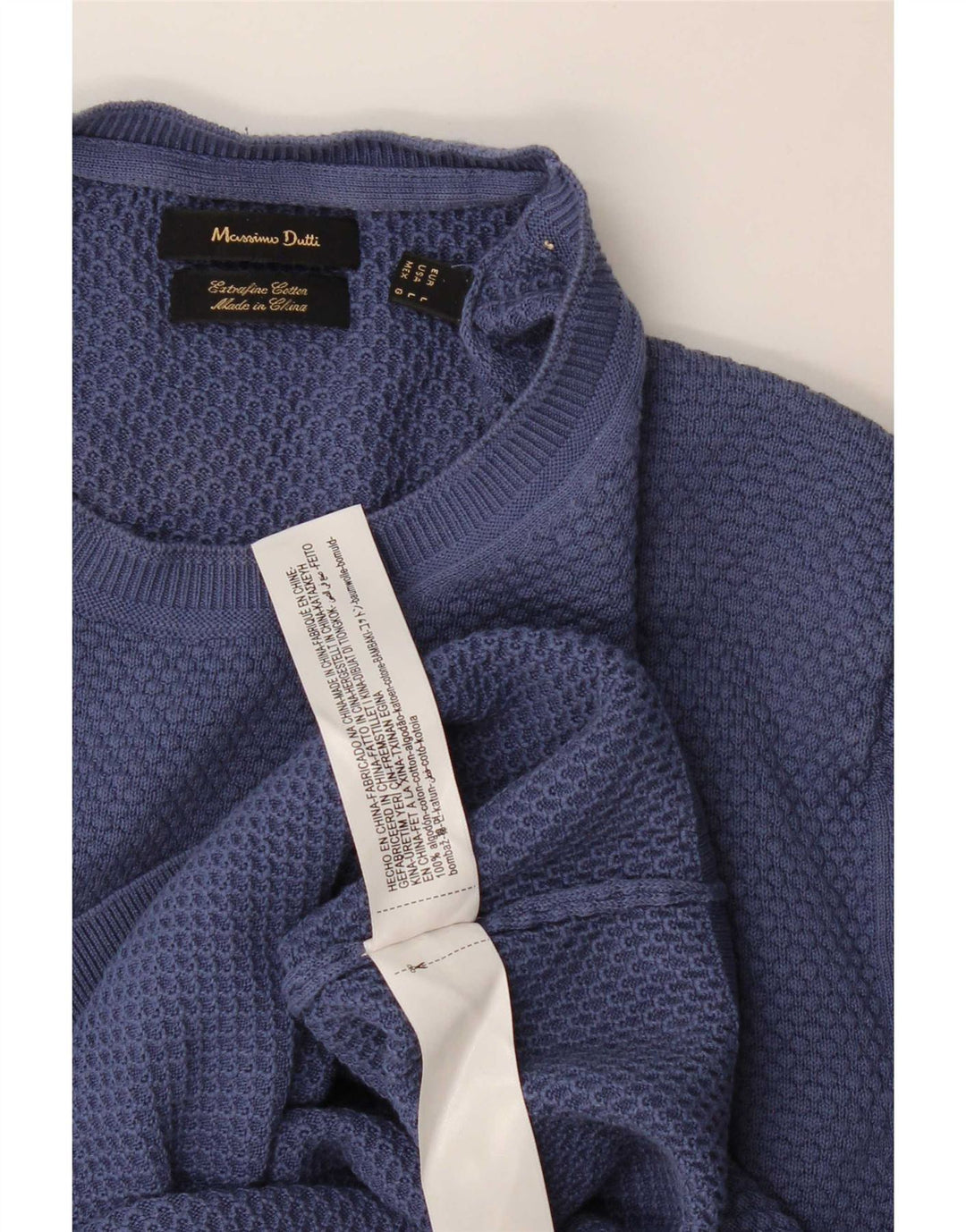 Massimo Dutti Herren-Pullover mit Rundhalsausschnitt, groß, aus blauer Baumwolle
