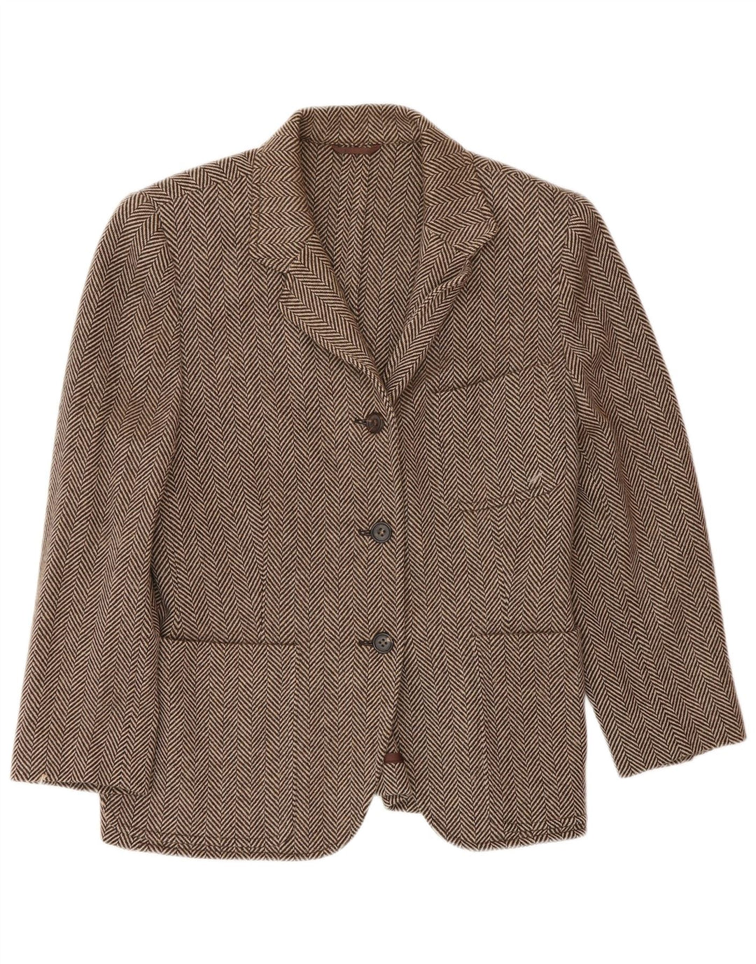 Piombo Damen-Blazer mit 3 Knöpfen, IT 44, mittelbraune Wolle mit Fischgrätenmuster