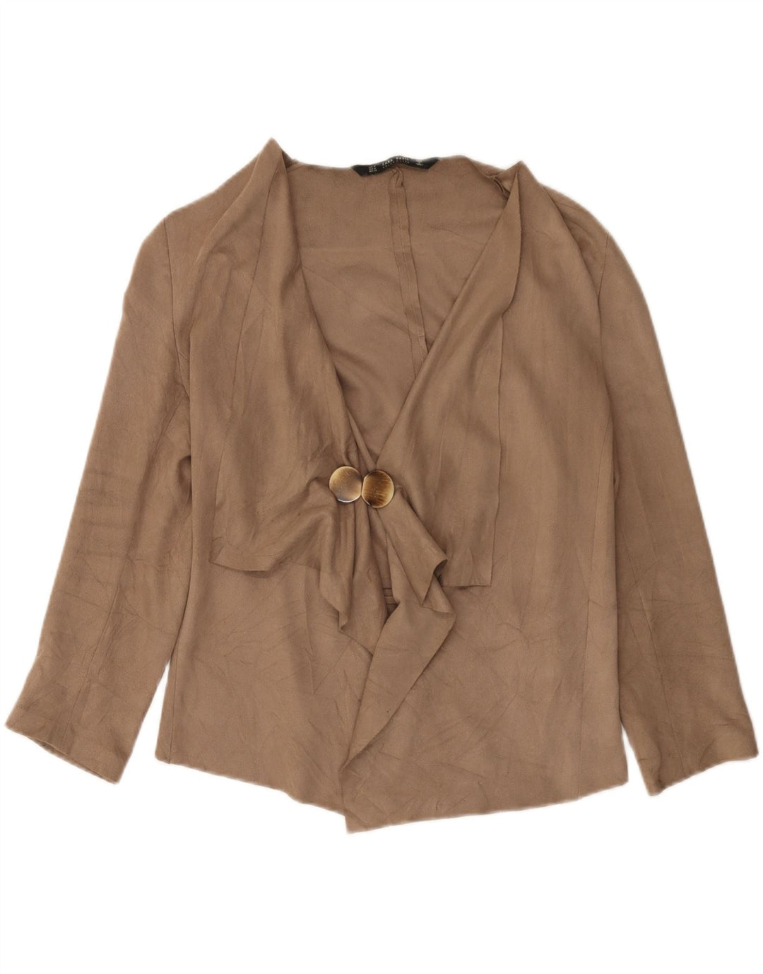 Zara Damen Strickjacke mit 3/4-Ärmeln, UK-Gr. 14, mittelbeigefarbenes Polyester