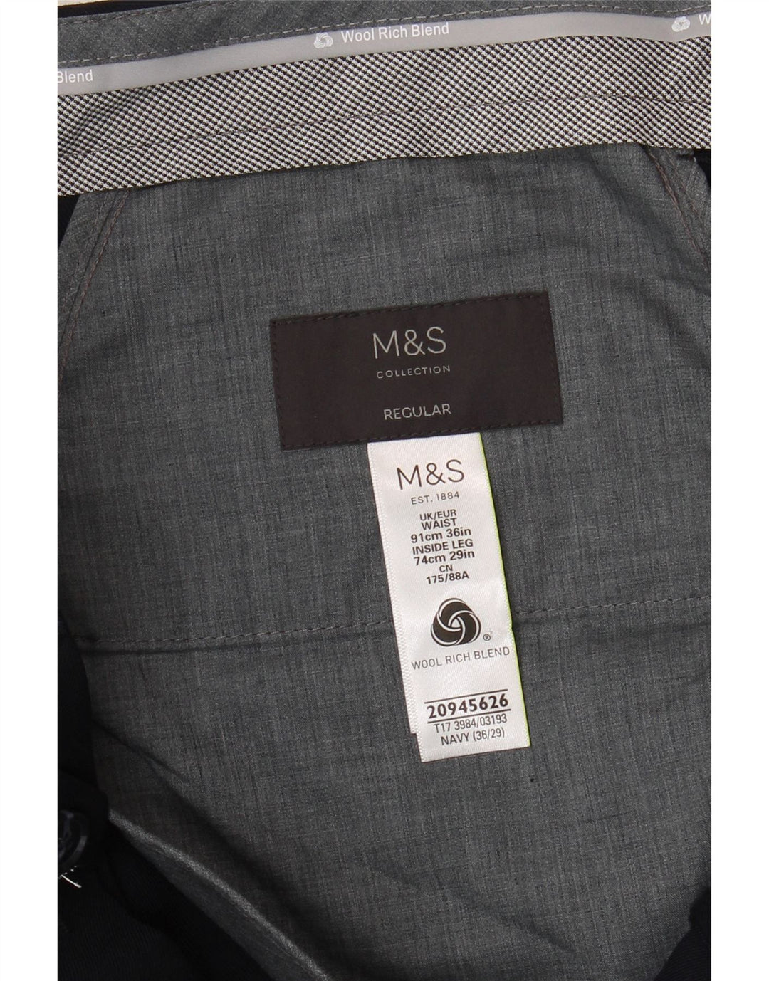 MARKS & SPENCER Mens Regular Fit Pegged Suit Trousers W36 L29 Navy Blue