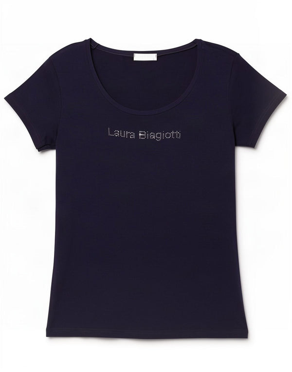 Laura Biagiotti Damen Grafik-T-Shirt-Oberteil IT 46 Large Marineblaue Viskose