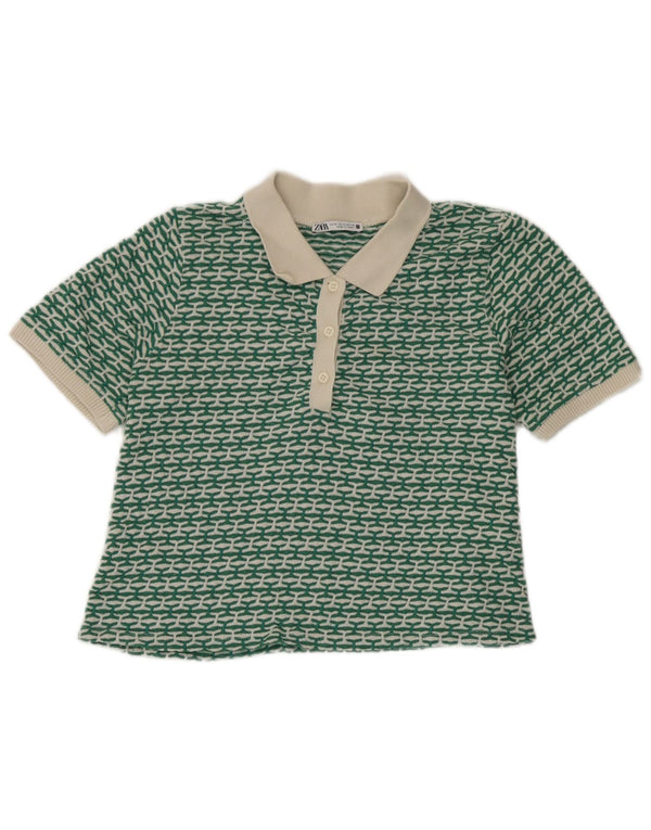 Zara Damen Crop Polo Neck Pullover Pullover UK 12 Mittelgrün Geometrisch
