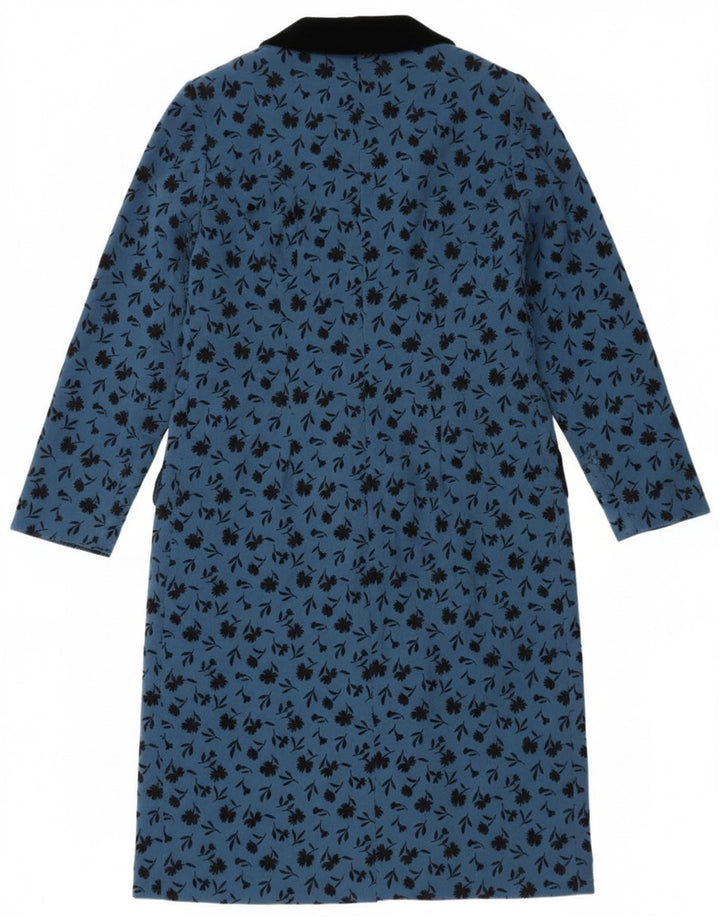 Vintage Damen Langarm-Etuikleid UK 14 Mittelblau geblümt