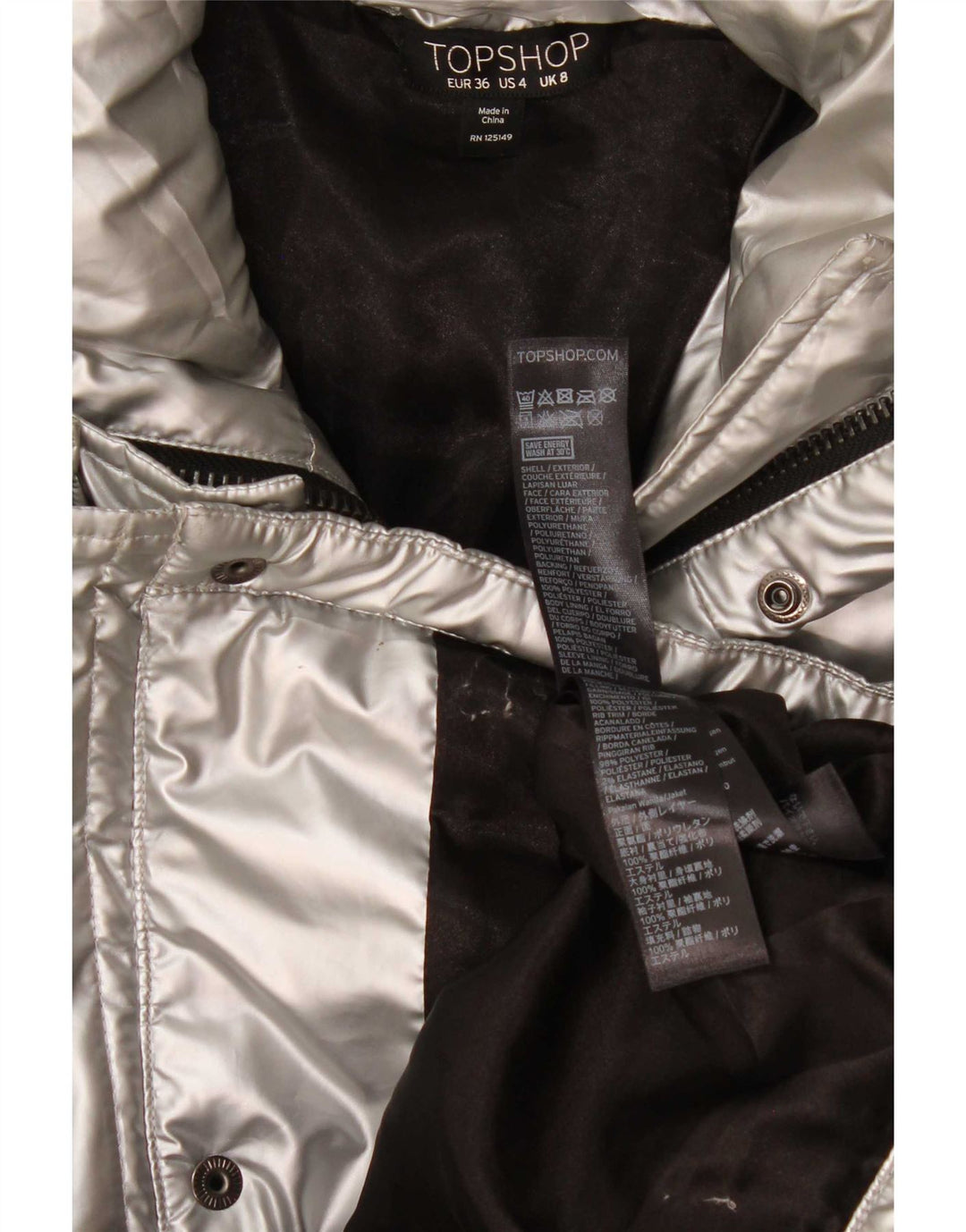 Topshop Damen Übergroße wattierte Jacke UK 8 Small Silber Polyethylen