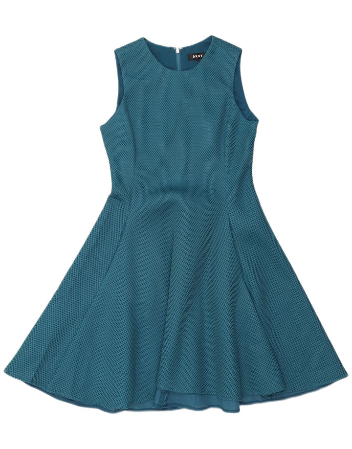 DKNY Damen ärmelloses A-Linien-Kleid, US 10, großes blaues geometrisches Polyester