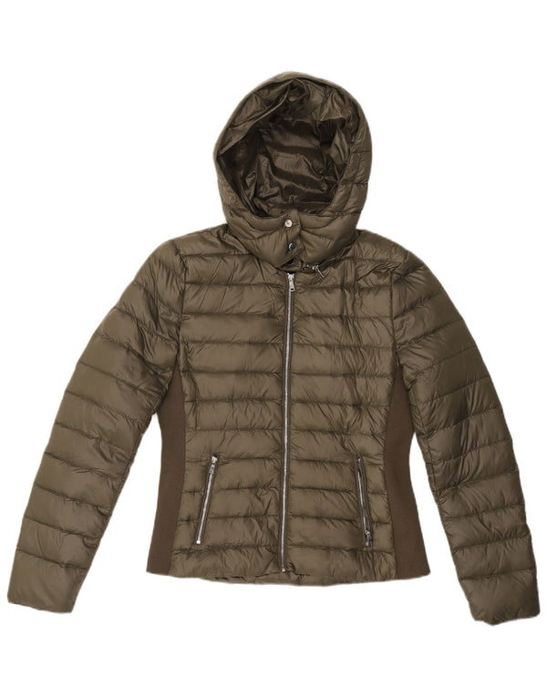 Wattierte Damenjacke von Zara mit Kapuze, UK 12, mittleres Khaki, Farbblock