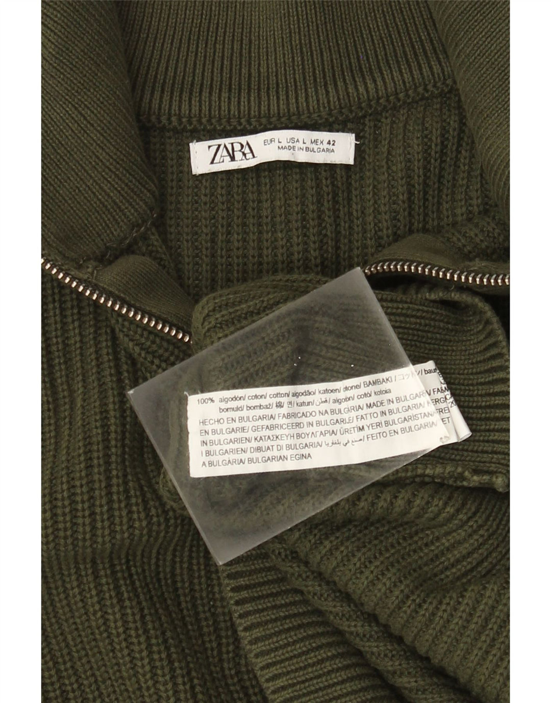 ZARA Herren-Pullover mit Reißverschluss am Hals, groß, grüne Baumwolle