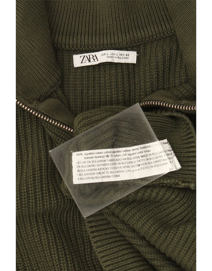 ZARA Herren-Pullover mit Reißverschluss am Hals, groß, grüne Baumwolle