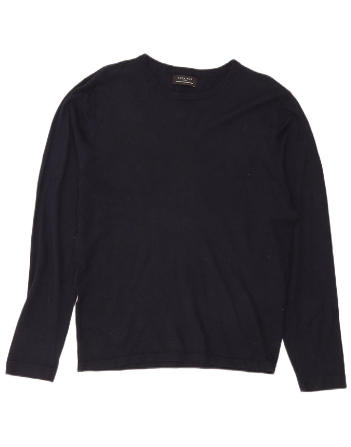 Zara Herren-Pullover mit U-Boot-Ausschnitt, mittlere marineblaue Viskose