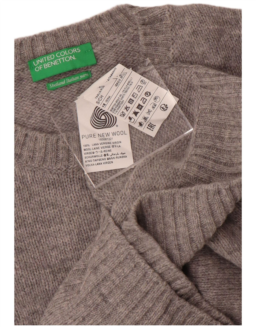 Benetton Damen-Pullover mit Rundhalsausschnitt, Gr. 10, Größe S, grau gesprenkelte Wolle