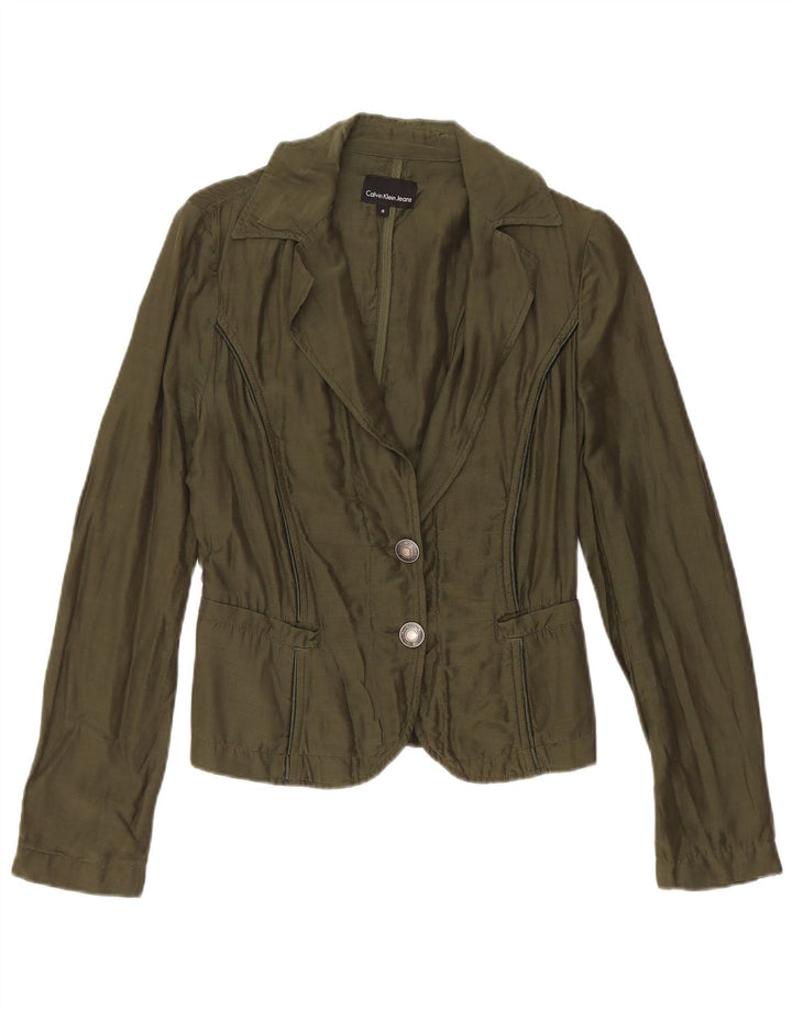 Calvin Klein Jeans Damen 2-Knopf-Blazerjacke UK 10 Small Grüne Baumwolle