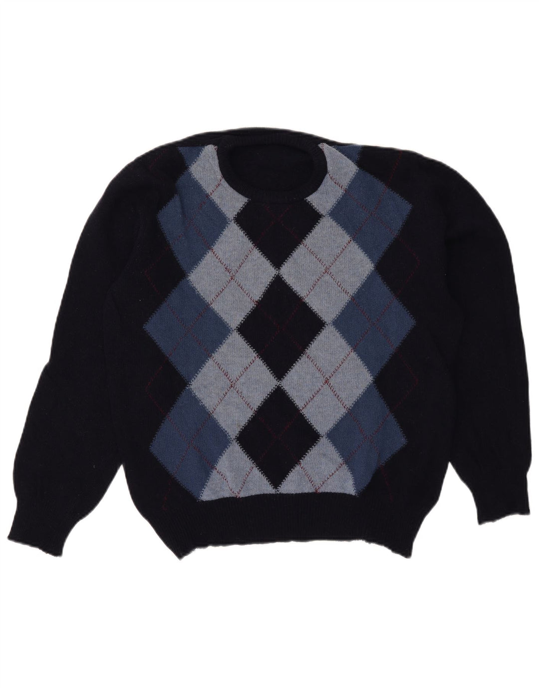 Vintage Herren Pullover mit Rundhalsausschnitt, groß, Marineblau, Argyle/Diamant