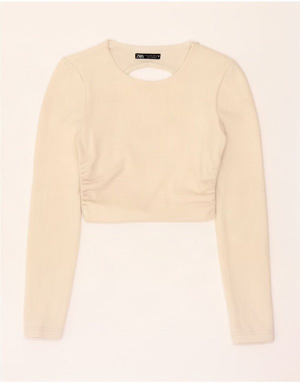 Zara Womens Long Sleeve Crop Top UK 4 XS Off White Polyester