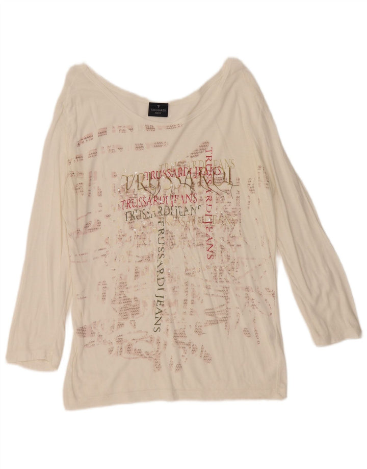 Trussardi Jeans Damen Übergroßes Grafikoberteil Langarm UK 10 Small Weiß