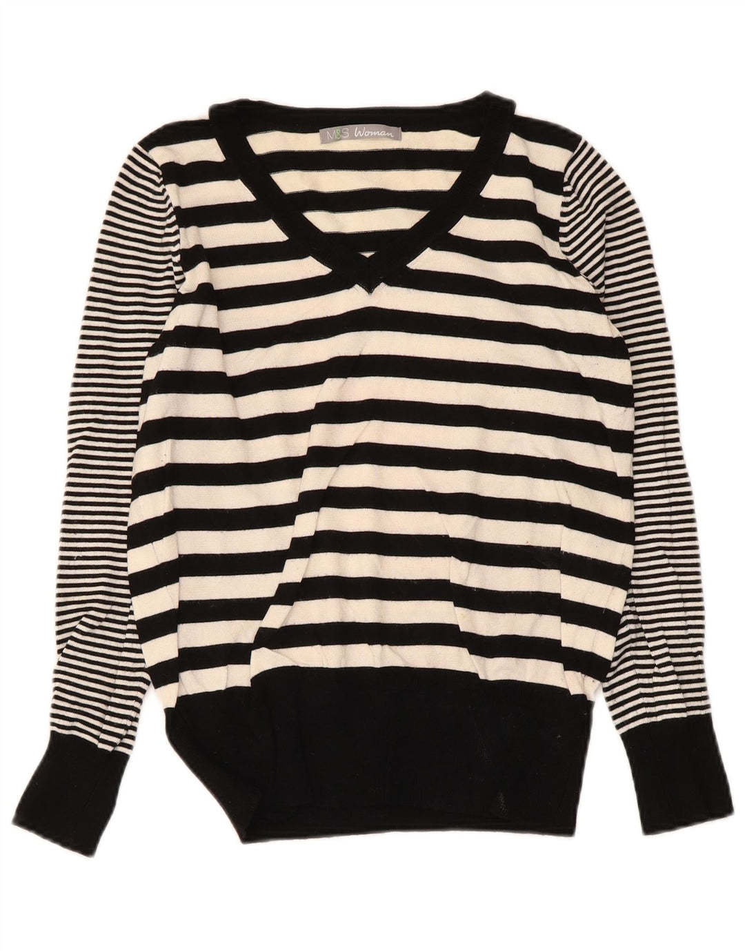 Marks & Spencer Damen-Pullover mit V-Ausschnitt, Gr. 10, Größe S, Schwarz, gestreift