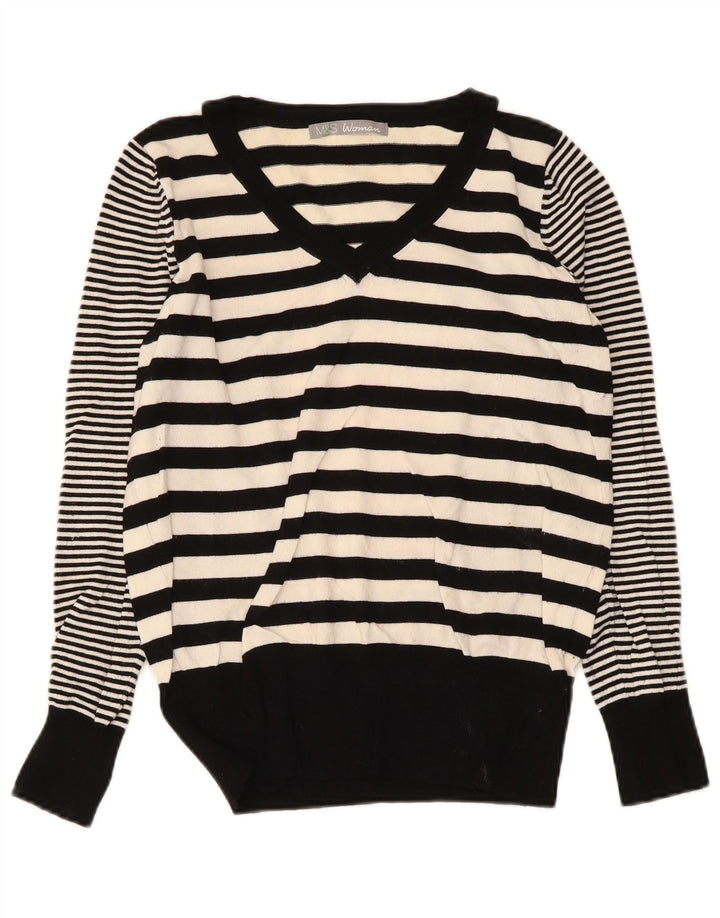 Marks & Spencer Damen-Pullover mit V-Ausschnitt, Gr. 10, Größe S, Schwarz, gestreift