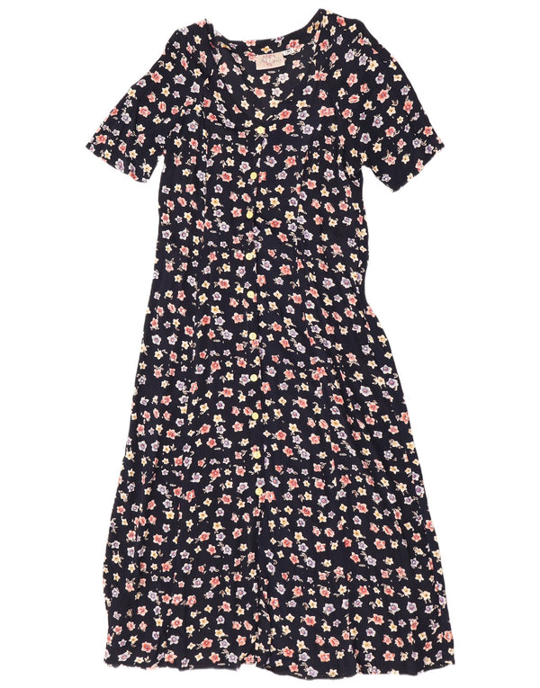 Vintage Damen Maxi-Hemdkleid UK 14 Medium Navy Blue Floral Viscose
