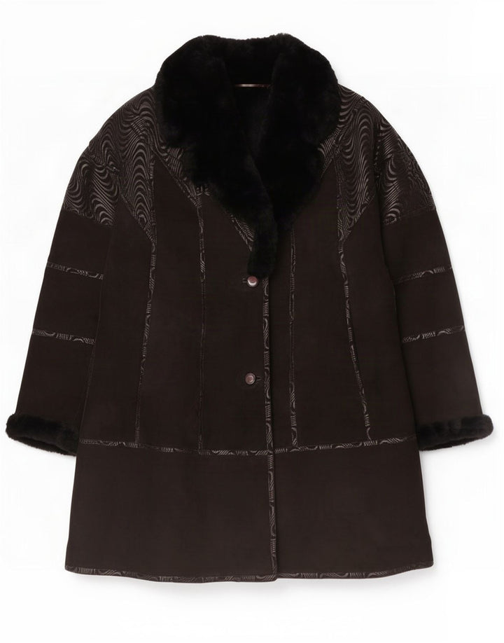 Vintage Damen Shearling Mantel EU 44 XL Schwarz Geometrisch