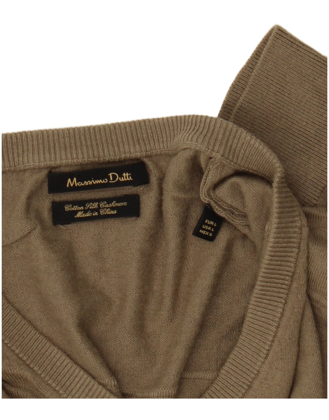 Massimo Dutti Herren-Pullover mit V-Ausschnitt, groß, Khaki, Baumwolle