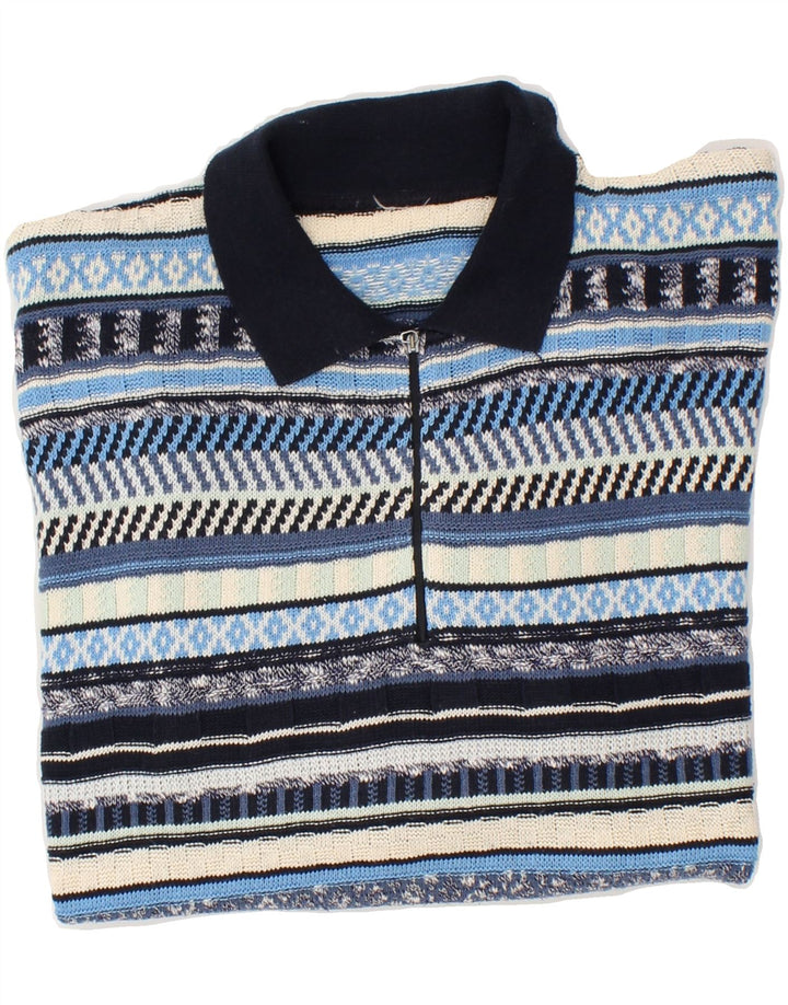 VINTAGE Herren-Pullover mit Polokragen, groß, blau gestreift