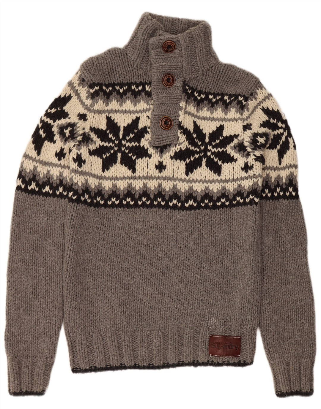 SUPERDRY Herren-Pullover mit Knopfkragen, groß, graue Fair-Isle-Wolle