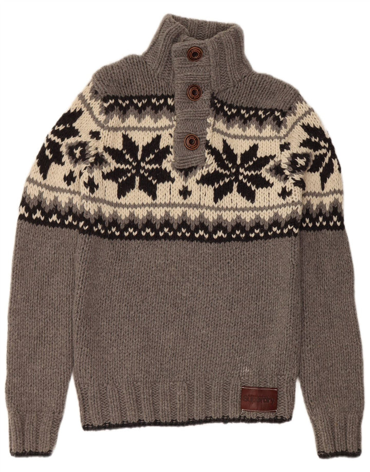 SUPERDRY Herren-Pullover mit Knopfkragen, groß, graue Fair-Isle-Wolle