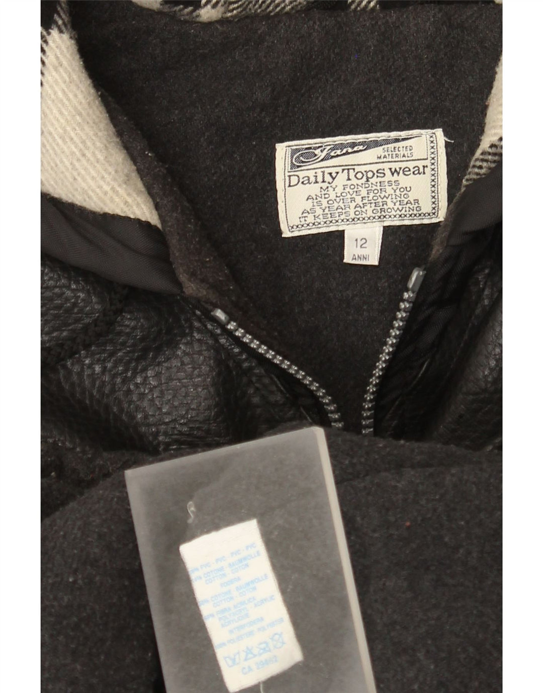 Vintage Jungen-Windbreaker-Mantel mit Kapuze, 11–12 Jahre, schwarz kariertes Polyvinyl