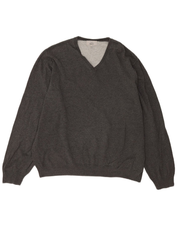 Marks & Spencer Herren-Pullover mit normaler Passform, V-Ausschnitt, 2XL, graue Baumwolle
