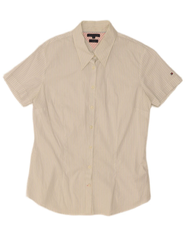 Tommy Hilfiger Damen Kurzarmhemd US 12 Große weiß gestreifte Baumwolle