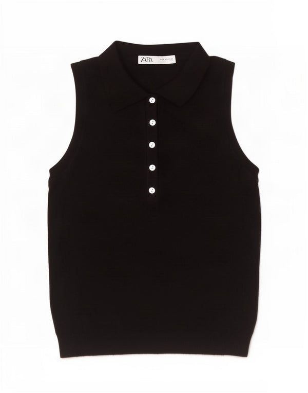 Zara Damen ärmelloses Poloshirt UK 8 Small Schwarz Viskose