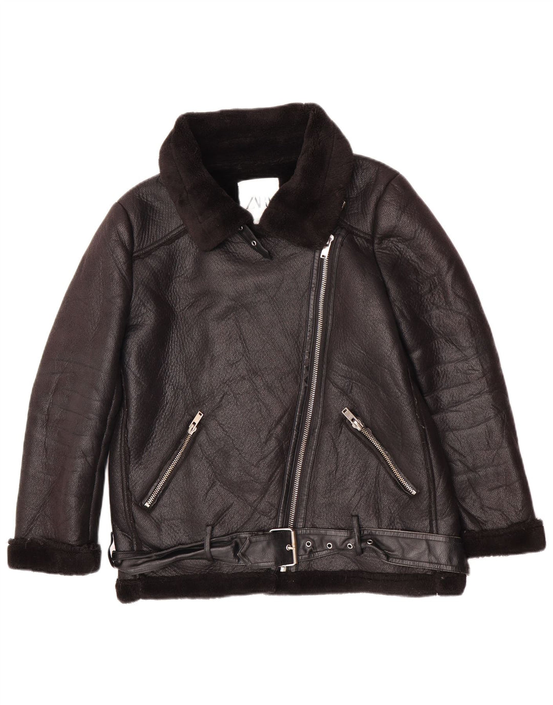 Zara Damen Kunstleder-Sherpa-Jacke UK 14 Mittelschwarzes Polyurethan