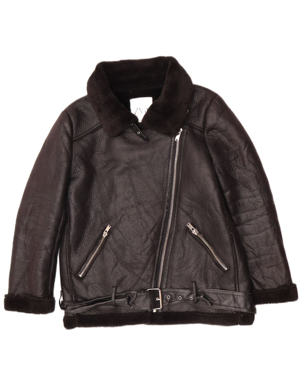 Zara Damen Kunstleder-Sherpa-Jacke UK 14 Mittelschwarzes Polyurethan
