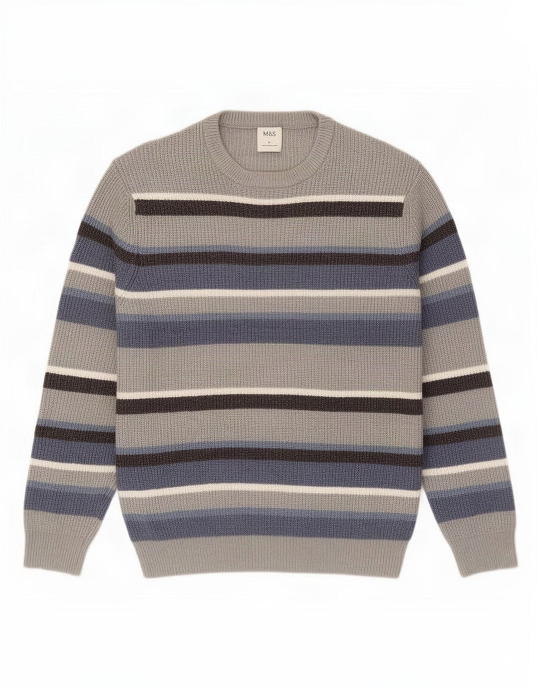 Marks & Spencer Herren-Pullover mit Rundhalsausschnitt, groß, grau gestreift, Polyester