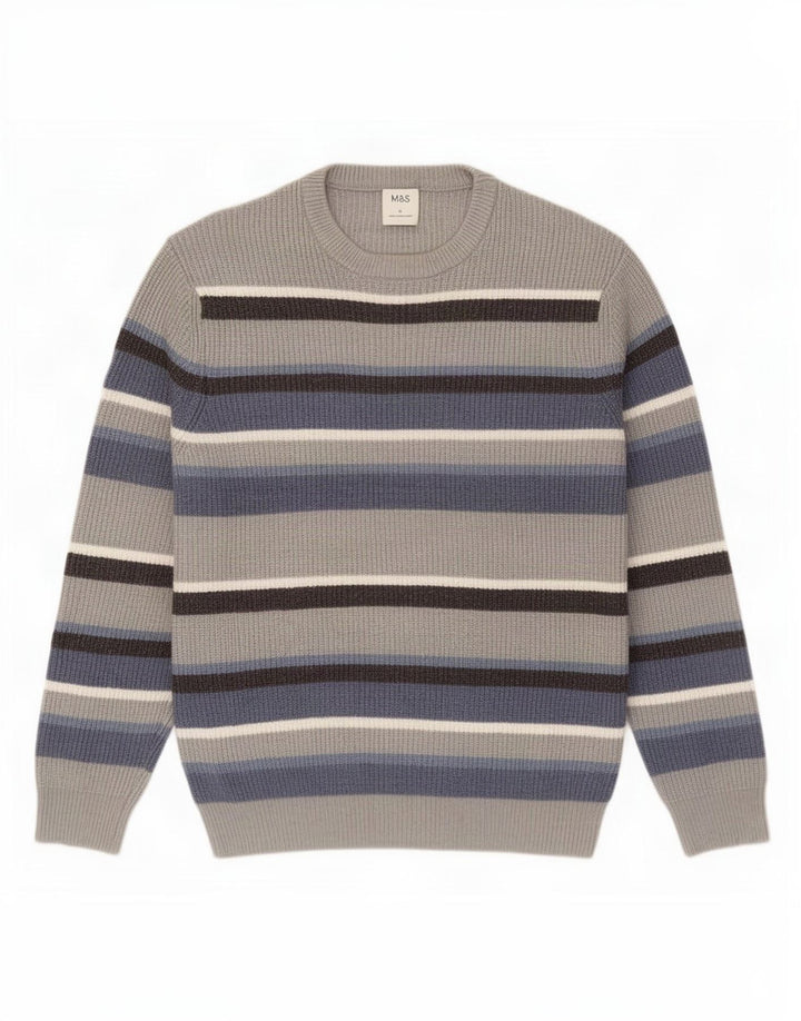 Marks & Spencer Herren-Pullover mit Rundhalsausschnitt, groß, grau gestreift, Polyester