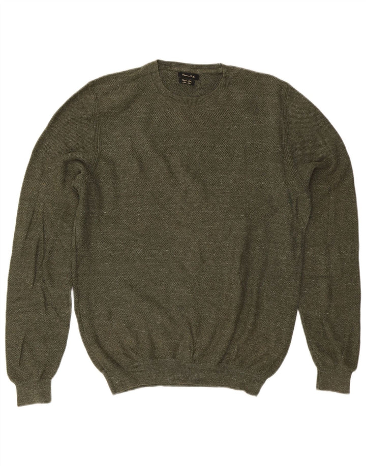 Massimo Dutti Herren-Pullover mit Rundhalsausschnitt, groß, Khaki, Baumwolle