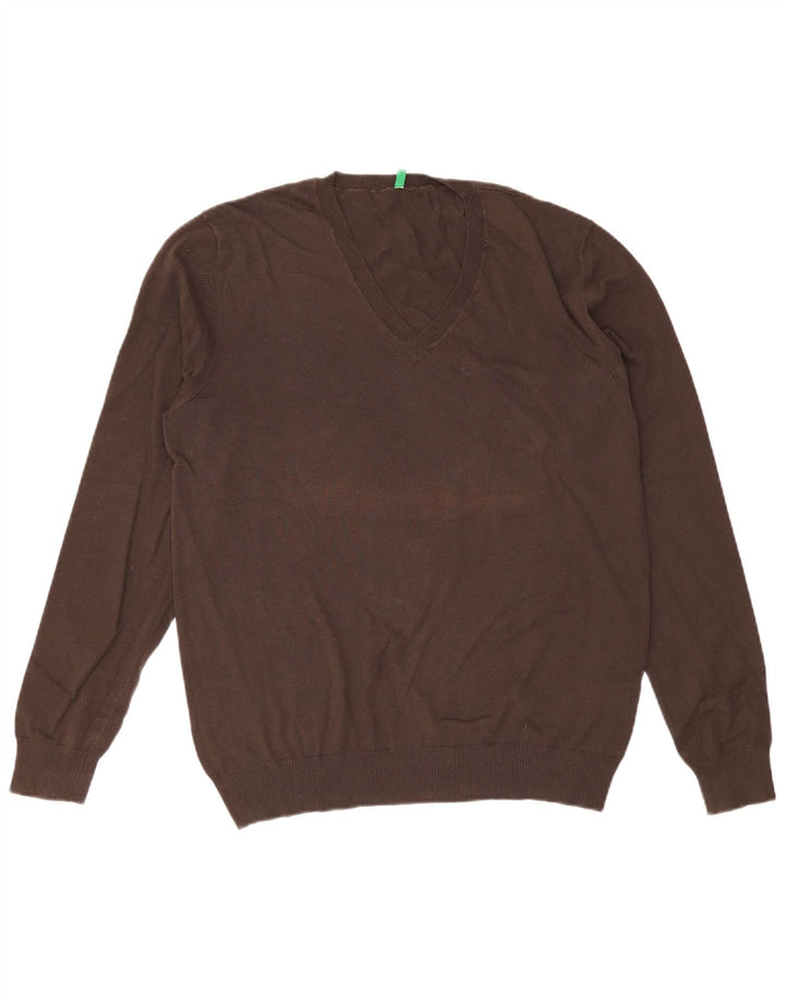 Benetton Herren-Pullover mit V-Ausschnitt, groß, braune Baumwolle