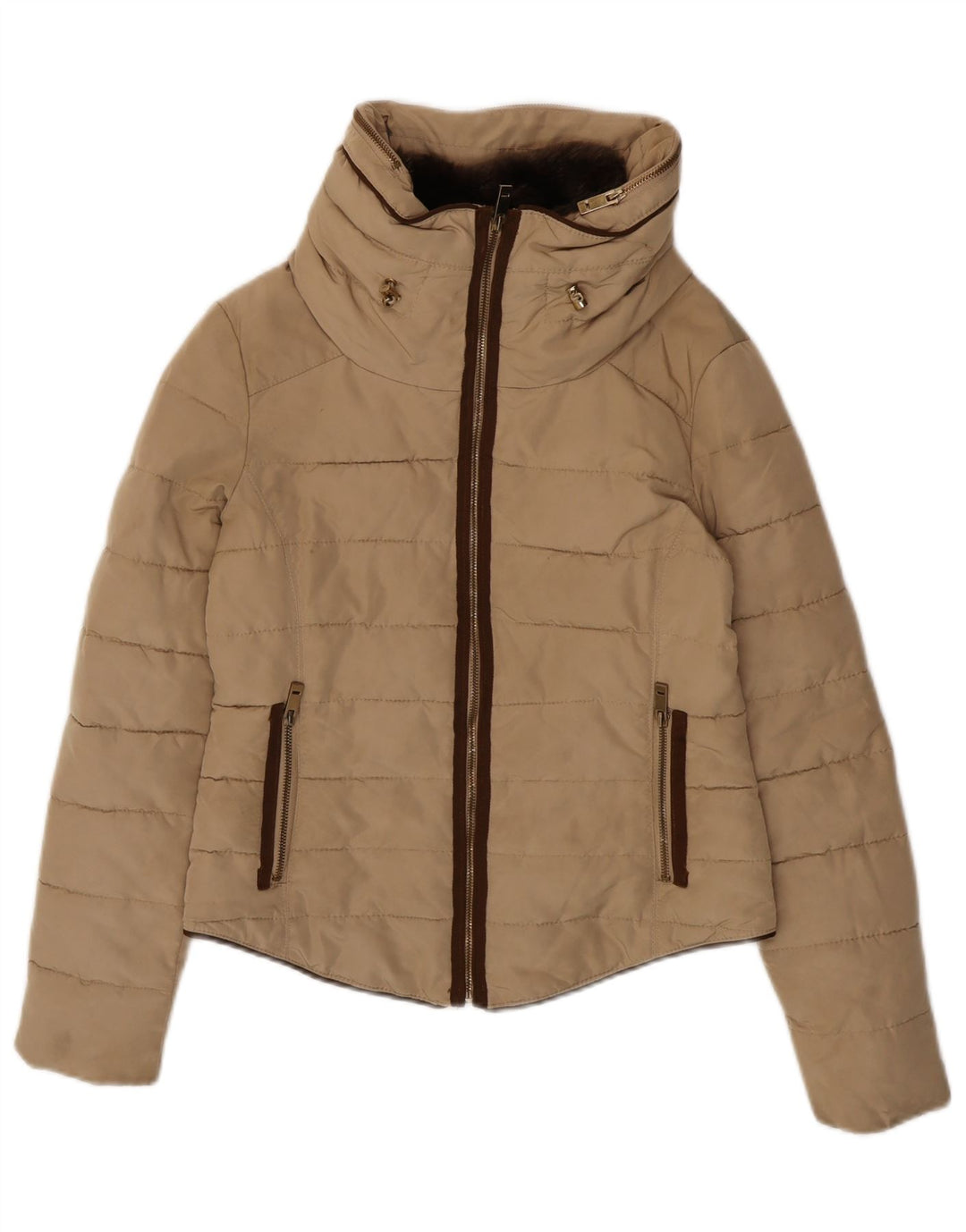 Zara Damen Crop Hooded Wattierte Jacke UK 14 Medium Beige Polyester