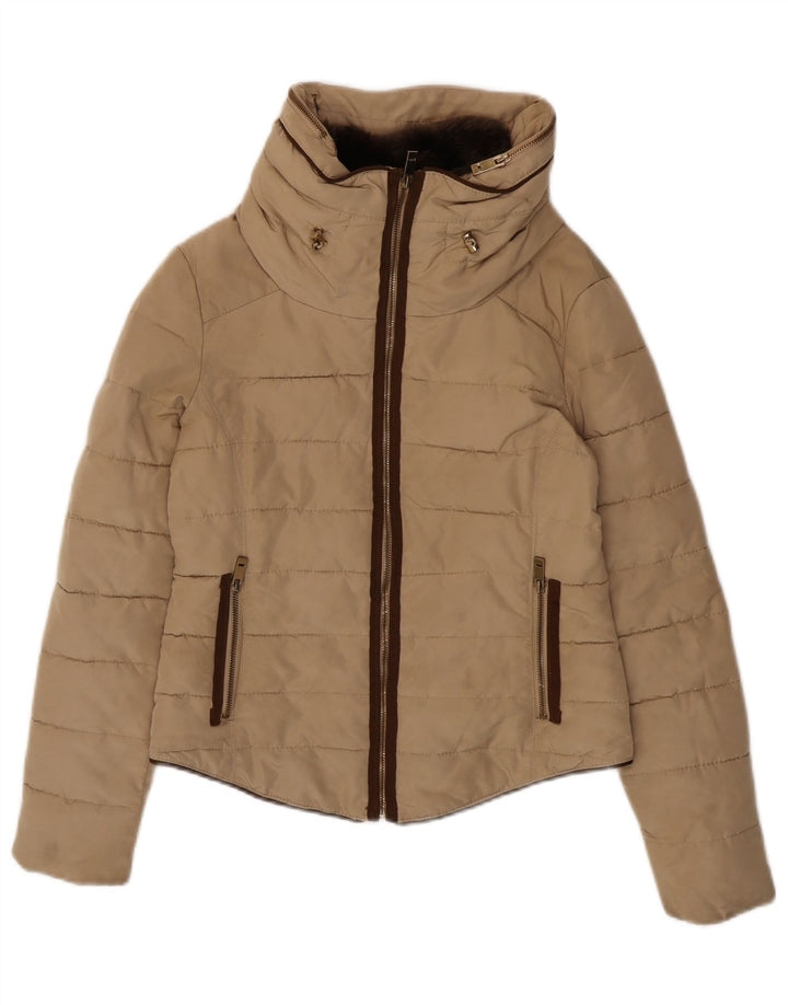 Zara Damen Crop Hooded Wattierte Jacke UK 14 Medium Beige Polyester