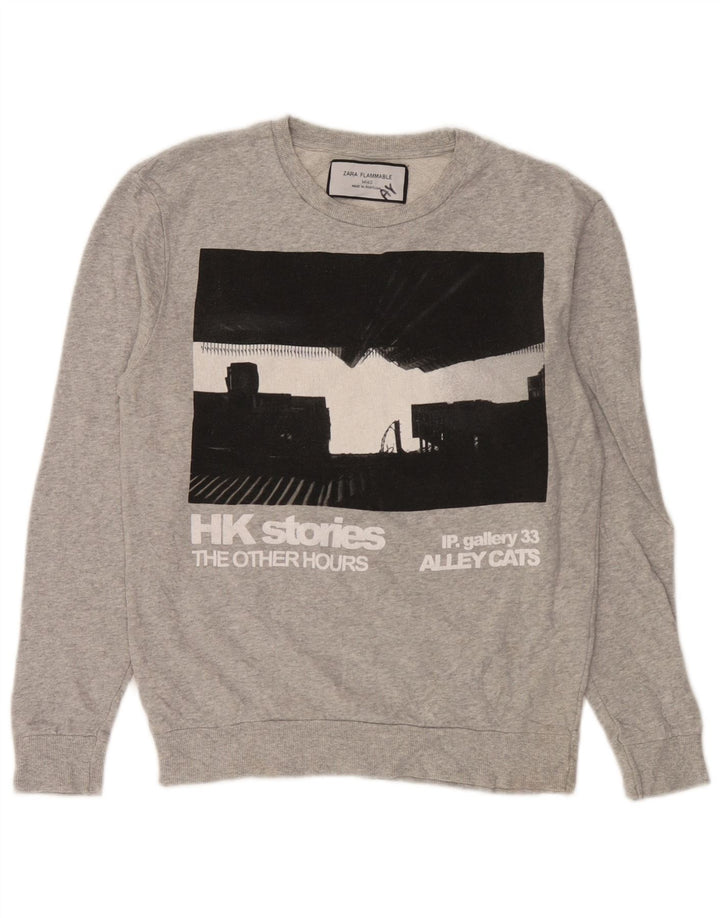 Zara Damen Grafik-Sweatshirt-Pullover UK 14 Mittelgraue Baumwolle