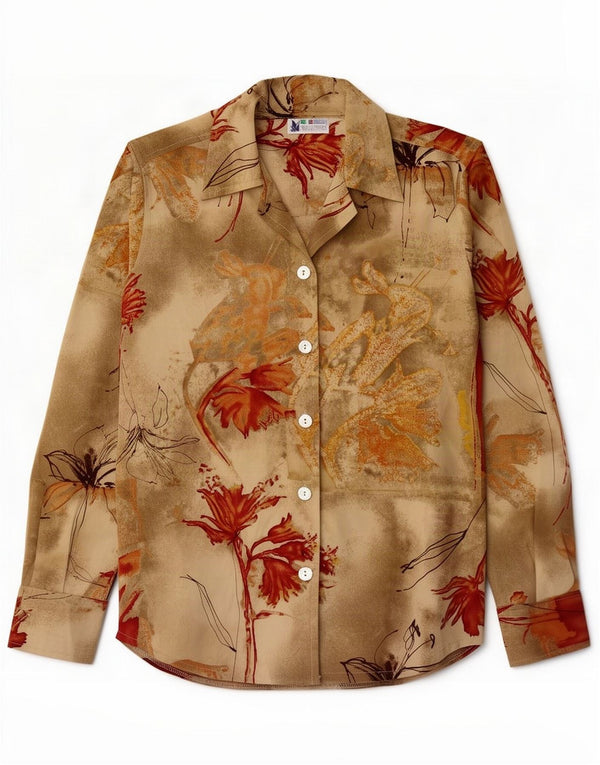 Vintage Damenhemd UK 16 Large Beige Floral Polyester