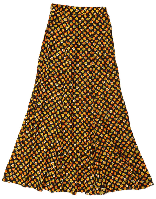 VINTAGE Damen Maxi-A-Linien-Rock EU 34 2XS W24 Schwarz geblümte Baumwolle