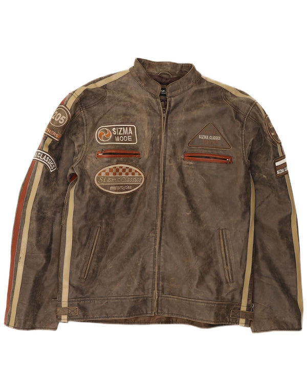 Sizma Mode Herren-Racerjacke aus grafischem Leder, UK 42, XL, Braun, Farbblock