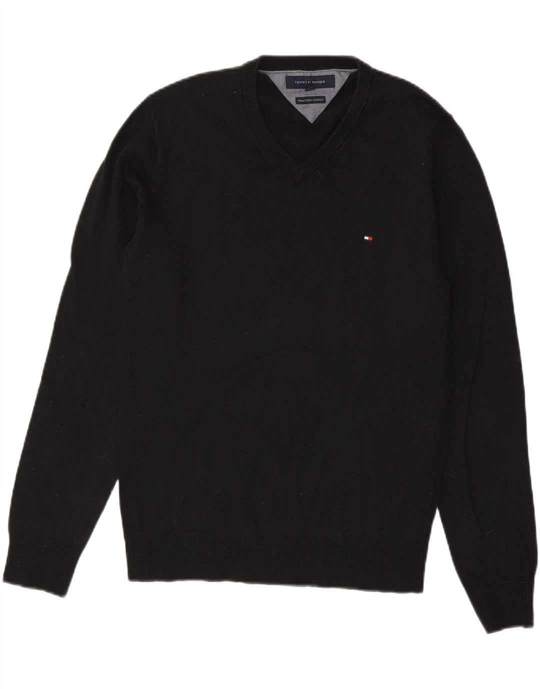 TOMMY HILFIGER Herren-Pullover mit V-Ausschnitt, Größe S, schwarze Baumwolle