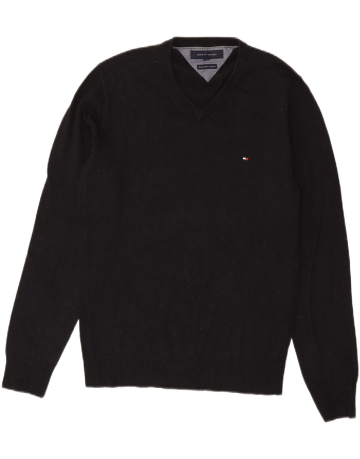 TOMMY HILFIGER Herren-Pullover mit V-Ausschnitt, Größe S, schwarze Baumwolle