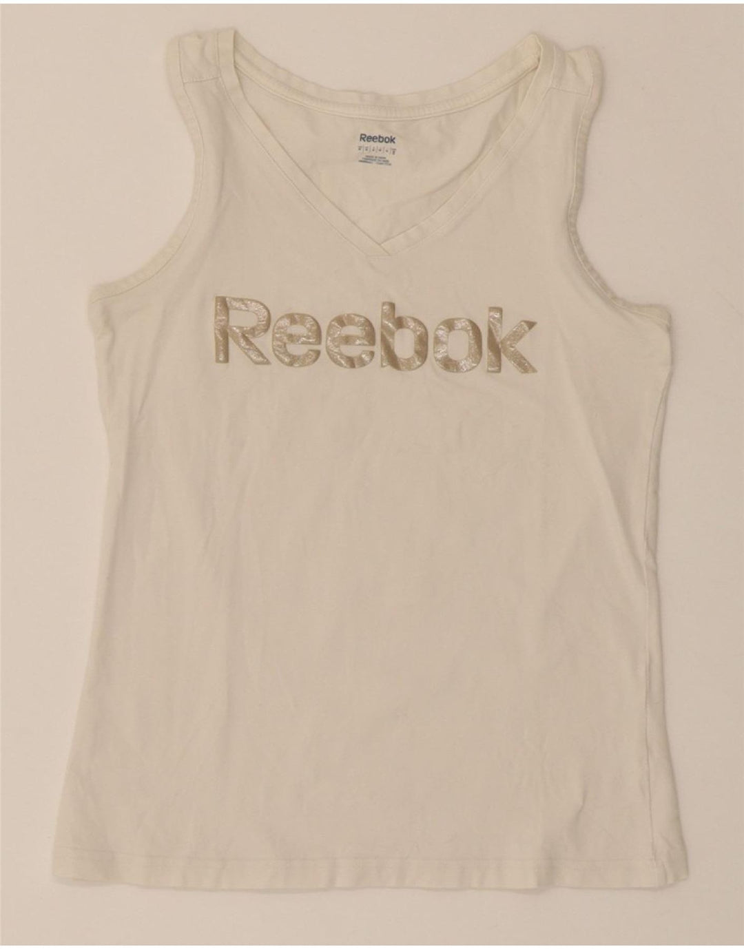 REEBOK Womens Graphic Vest Top UK 12 Medium White Cotton Vintage Reebok and Second-Hand Reebok from Messina Hembry 