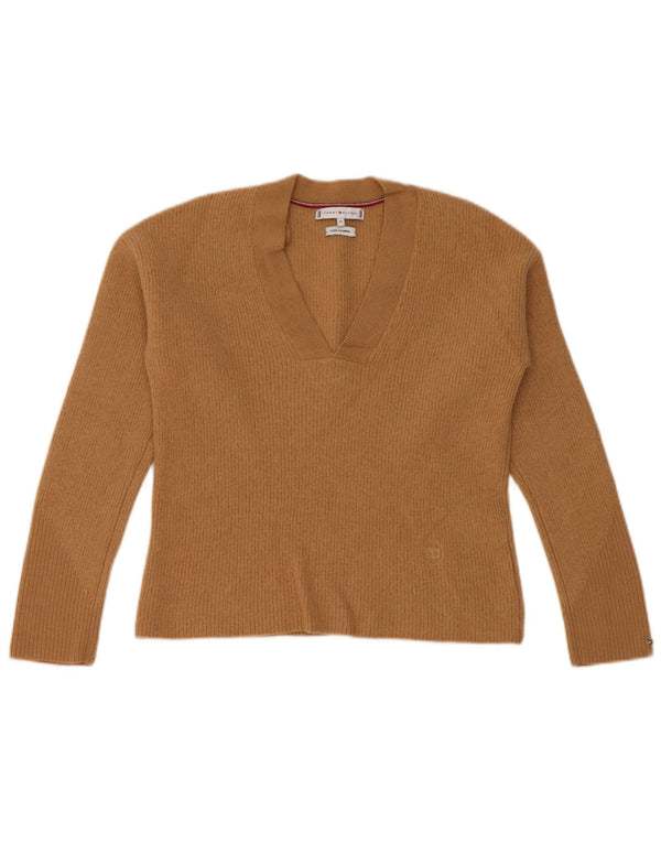 Tommy Hilfiger Damen Crop Pullover mit V-Ausschnitt UK 6 XS Beige Wolle