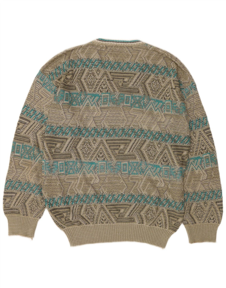 James Dillon Herren-Pullover mit V-Ausschnitt, groß, Khaki, geometrisches Acryl