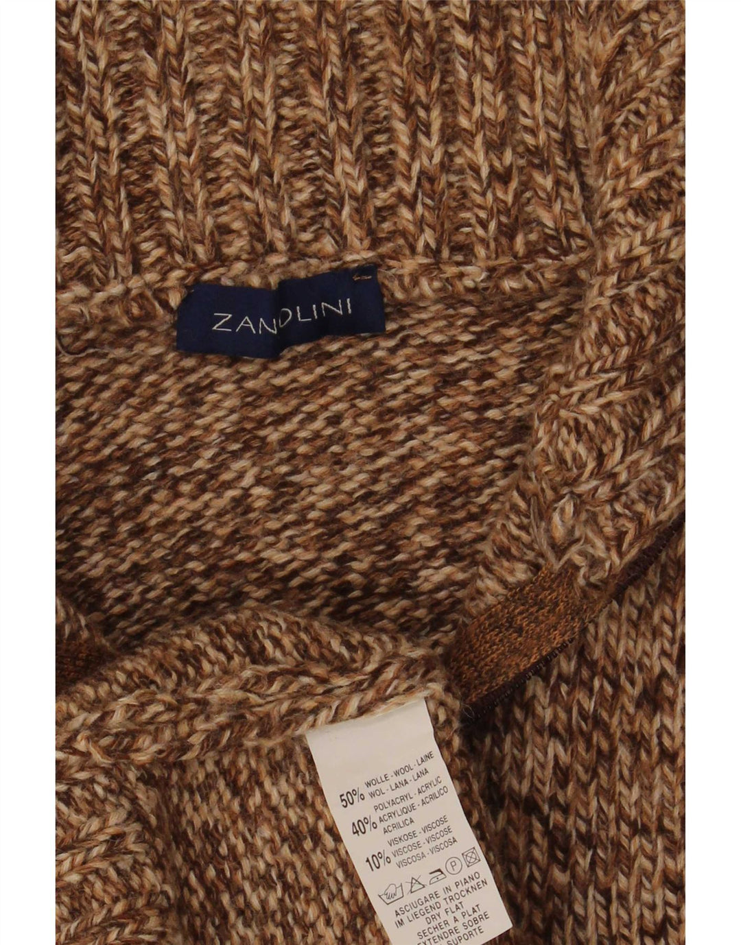 Zanolini Herren-Pullover mit Reißverschluss am Hals, mittelbraun gesprenkelte Wolle