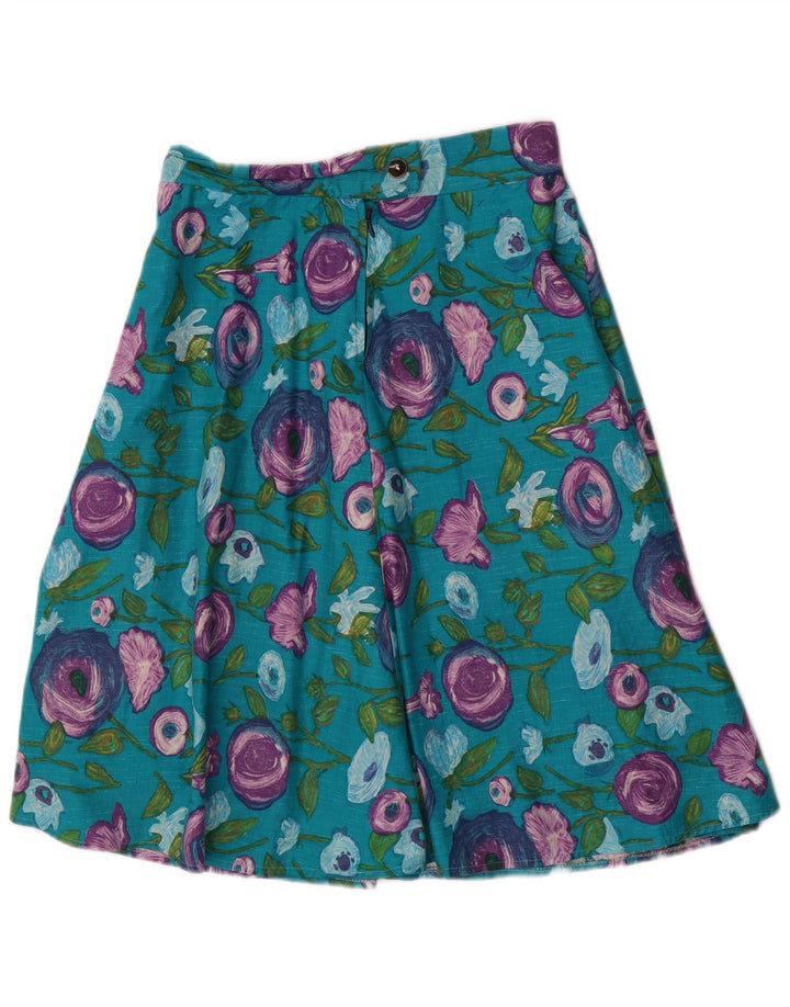 VINTAGE Damen A-Linienrock W28 Mittelblau geblümt